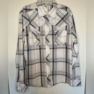 BKE Plaid Western Slim Fit Cotton Pearl Snap Button Down Shirt White/Grey Large